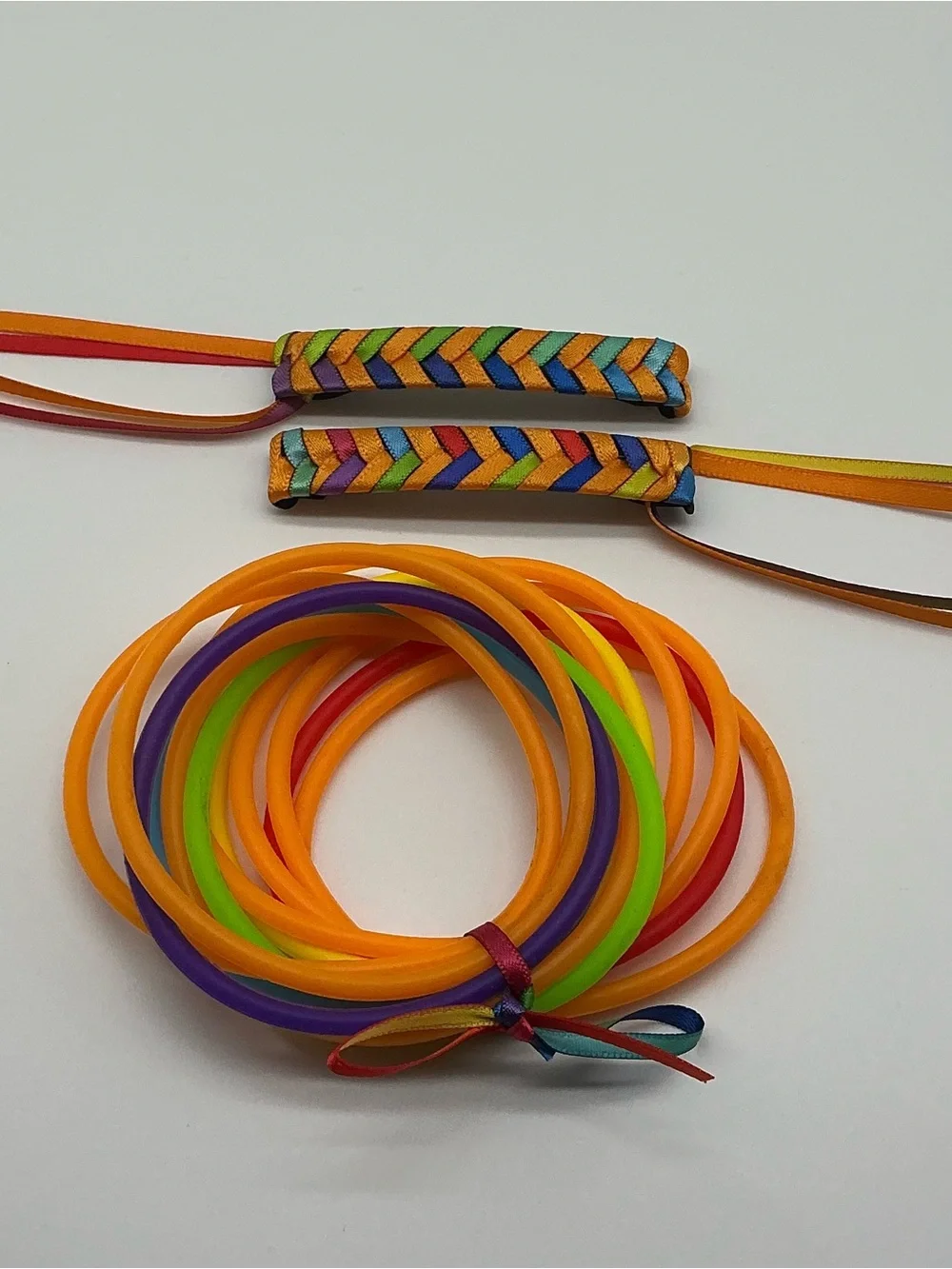 Orange and Rainbow 80s Barrettes & 12 Orange and Rainbow Jelly Bracelets